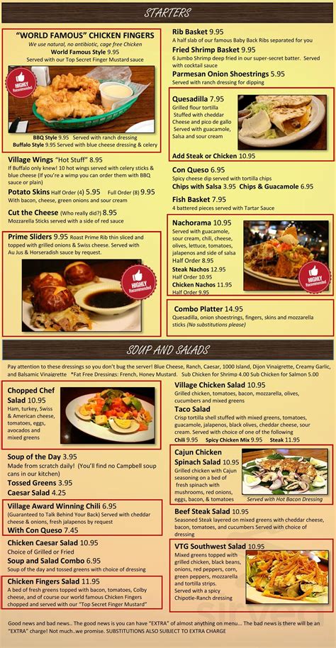 village tavern menu prices.